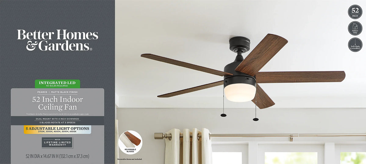 Reverse with Gardens Color Homes Temperature Indoor Light, Ceiling 52" & Airflow Black & Fan Adjustable Pearce Better