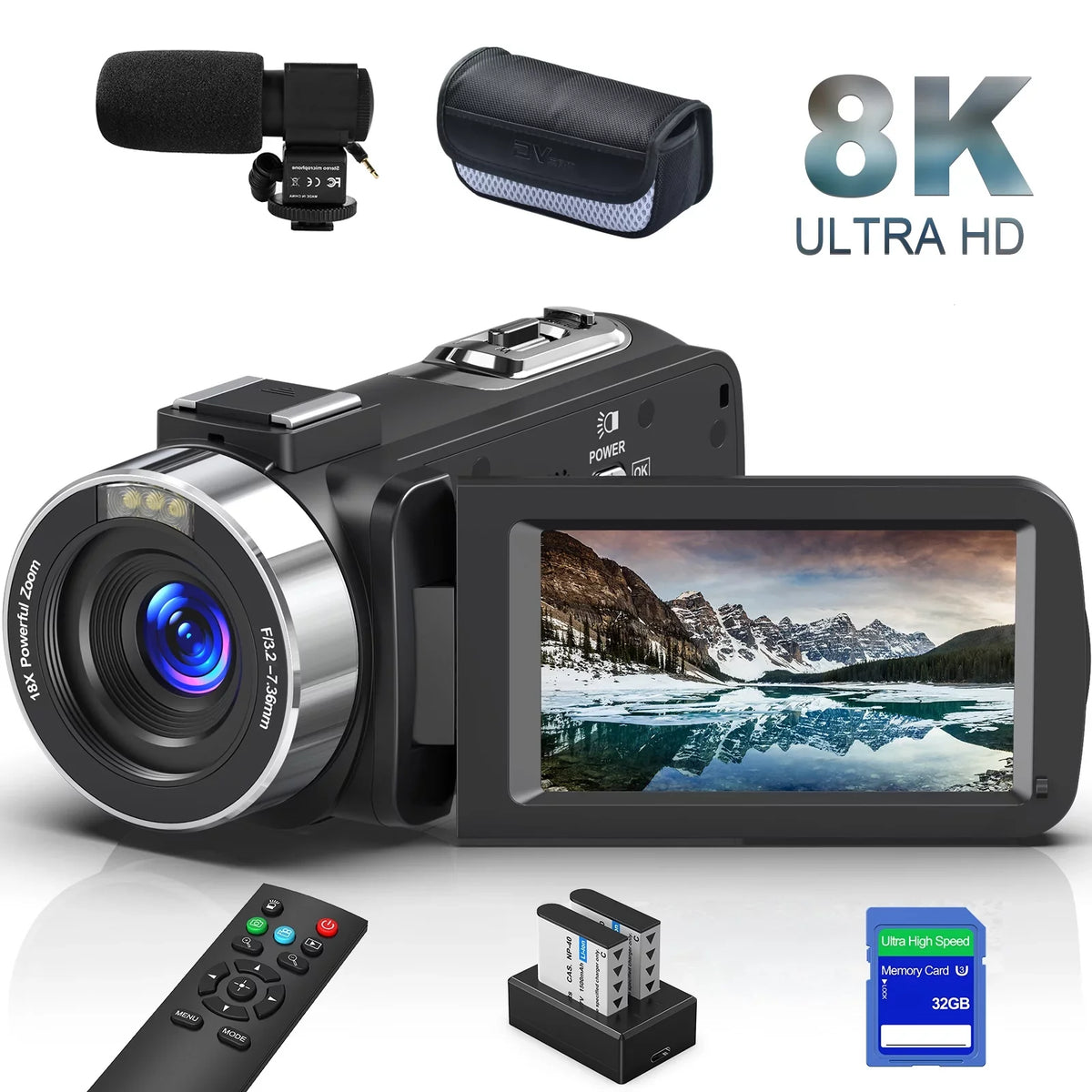 Video Mic Video Digital Flip 32GB inch 64MP Camera External Vlogging with Remote for 8K Camcorder Camera Camera Screen Control, SD Card, 2.4G Camera 3.0 18X Two and Batteries MARVUE Youtube