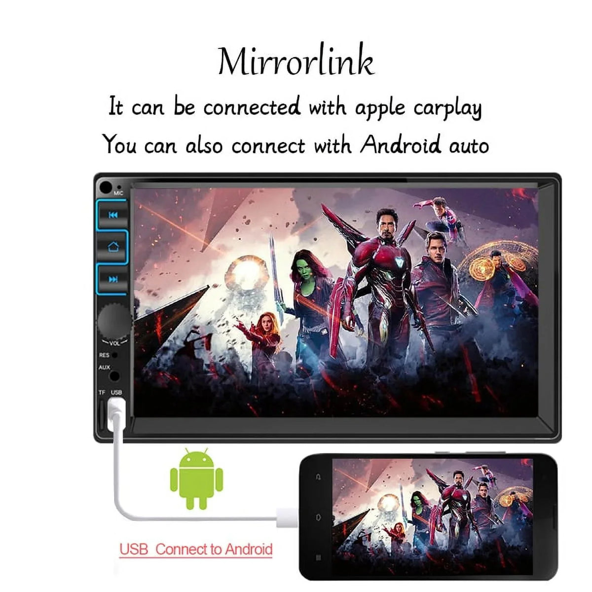 Stereo Link, Touch Car Radio Screen Microphone, , 2 Android Support Display, Bluetooth, Mirror 7'' GPS, Auto Receiver Carplay Din