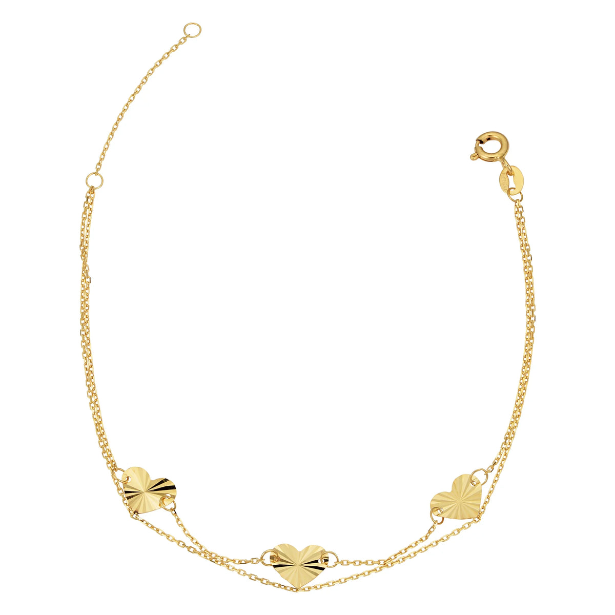 (adjusts 7.5 Diamond-Cut wristband Strand Gold inch) to Double 6.5 Heart or Kooljewelry Yellow 14k