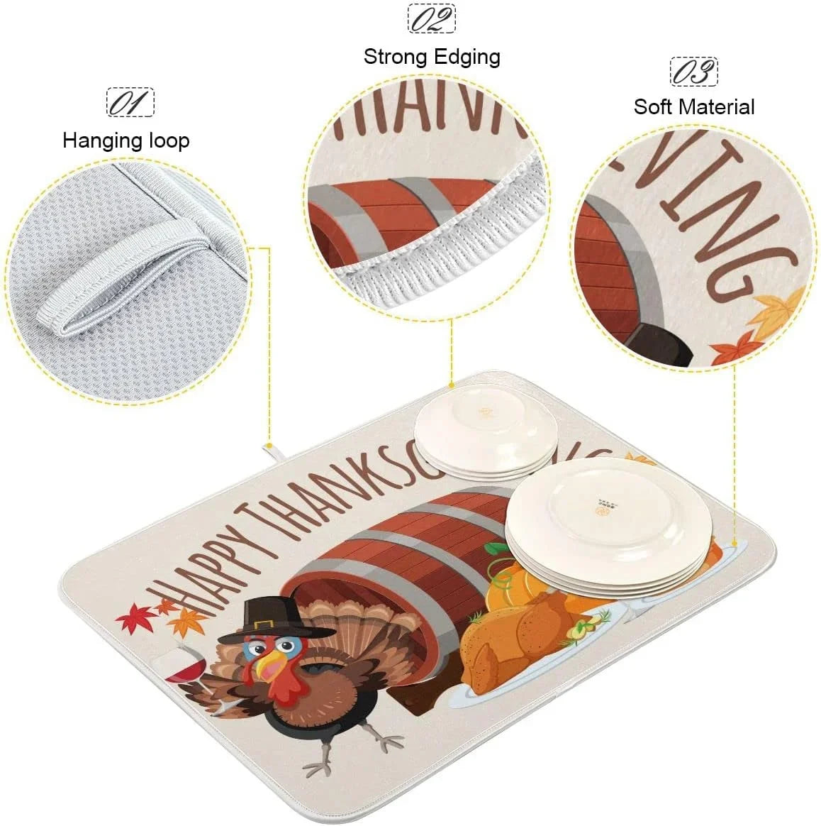 Dry Kitchen Autumn Turkey Dish Thankgiving Harvest Wellsay Fall Accessories Dish Drainer Dishes 16x18inch Mat Rack Fast Counter Happy Pad Drying for Mats Absorbent