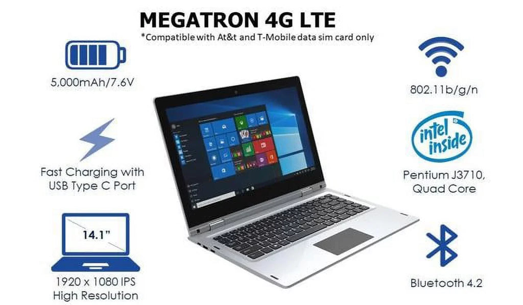 10 LTE-14.1” Pro, IVIEW Screen, High 1080 Megatron 1920 IPS 4GB/64GB Mouse 360° Resolution Windows 4G x and USB Touch