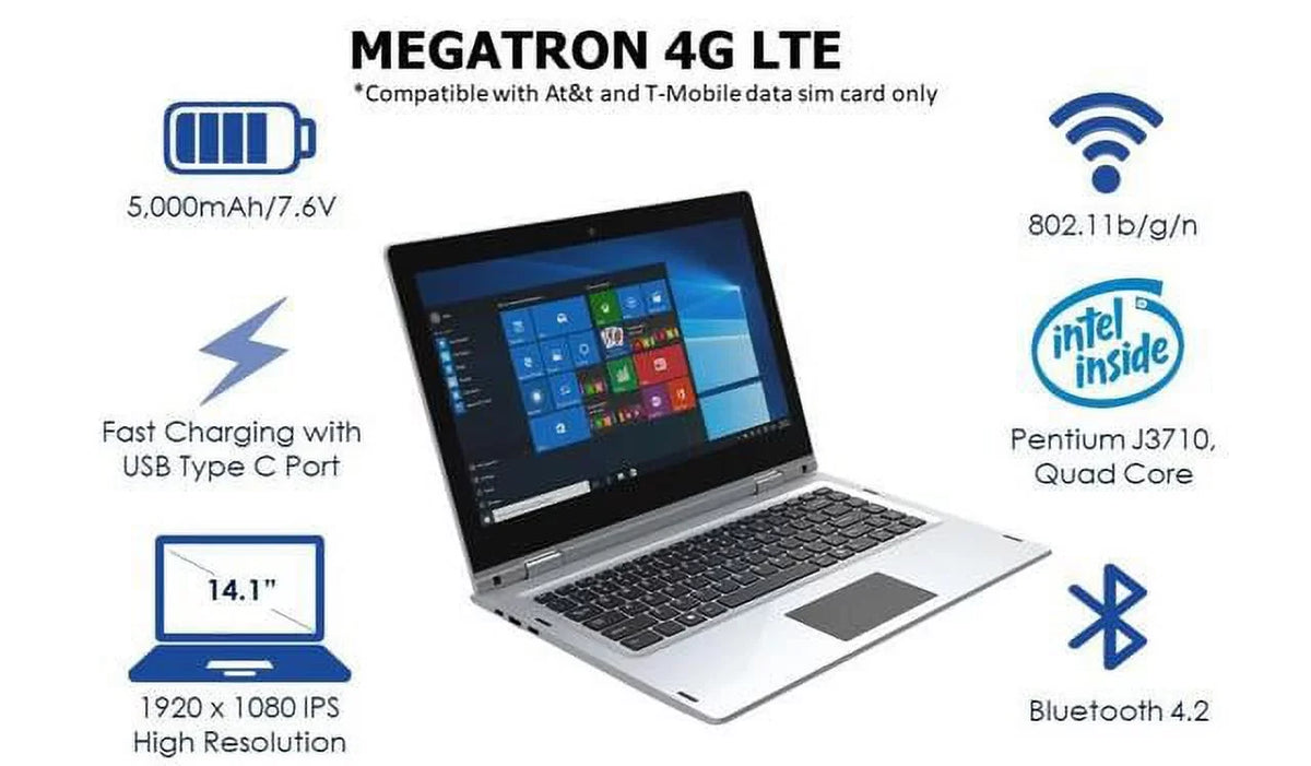 10 LTE-14.1” Pro, IVIEW Screen, High 1080 Megatron 1920 IPS 4GB/64GB Mouse 360° Resolution Windows 4G x and USB Touch