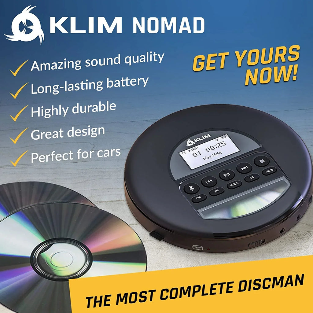 Pre-Owned with Ideal Headphones, for Rechargeable Card, Black Battery, Radio, AM Portable Fusion FM Discman (Refurbished: Cars, Good) Player CD TF MP3, Nomad KLIM Bluetooth-