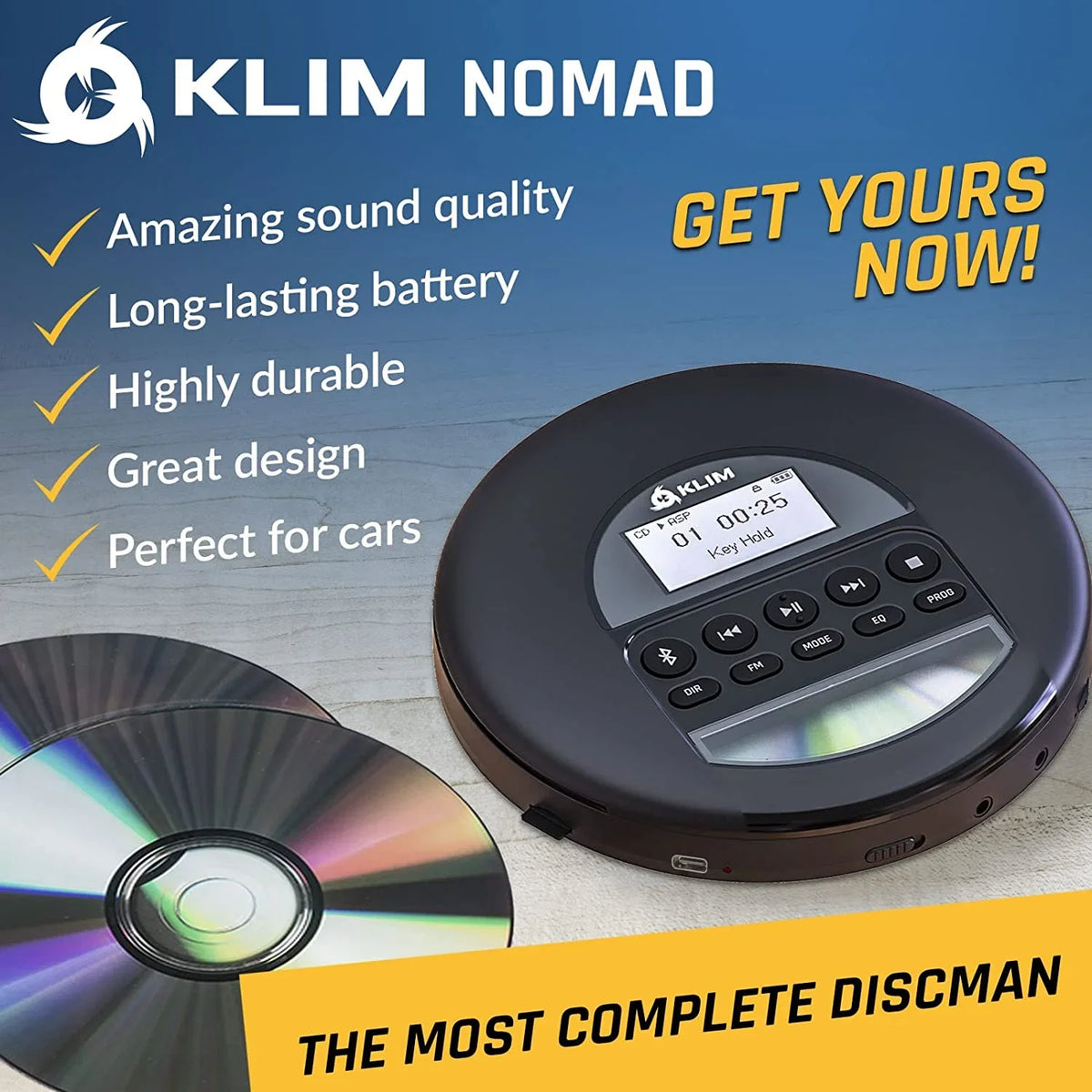 Pre-Owned with Ideal Headphones, for Rechargeable Card, Black Battery, Radio, AM Portable Fusion FM Discman (Refurbished: Cars, Good) Player CD TF MP3, Nomad KLIM Bluetooth-