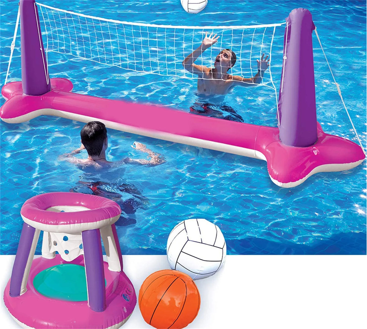 Basketball & Set Float Pool Net Volleyball Inflatable Hoops Pink