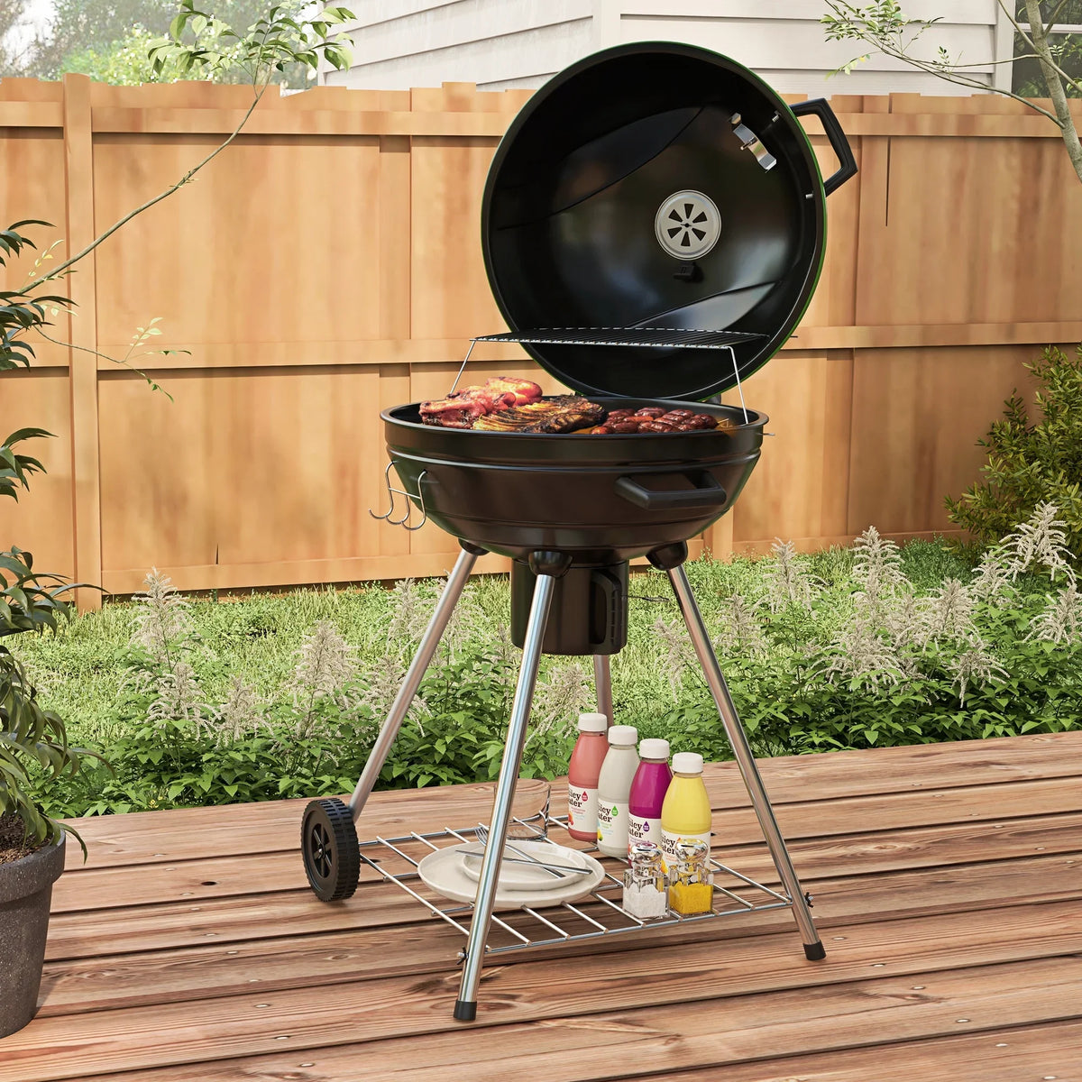 Outdoor Kettle Area, Cooking Wheels, Trolley Charcoal 360 with Party, and Green CoSoTower with Catcher Backyard 21" Thermometer Barbecue Ash Sq.In. Patio, for BBQ Shelf, Grill Built-In